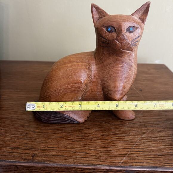 Vintage Hand Carved Wood MCM Cat Statue Figurine Boho Rustic Mid Century Modern - Picture 16 of 16